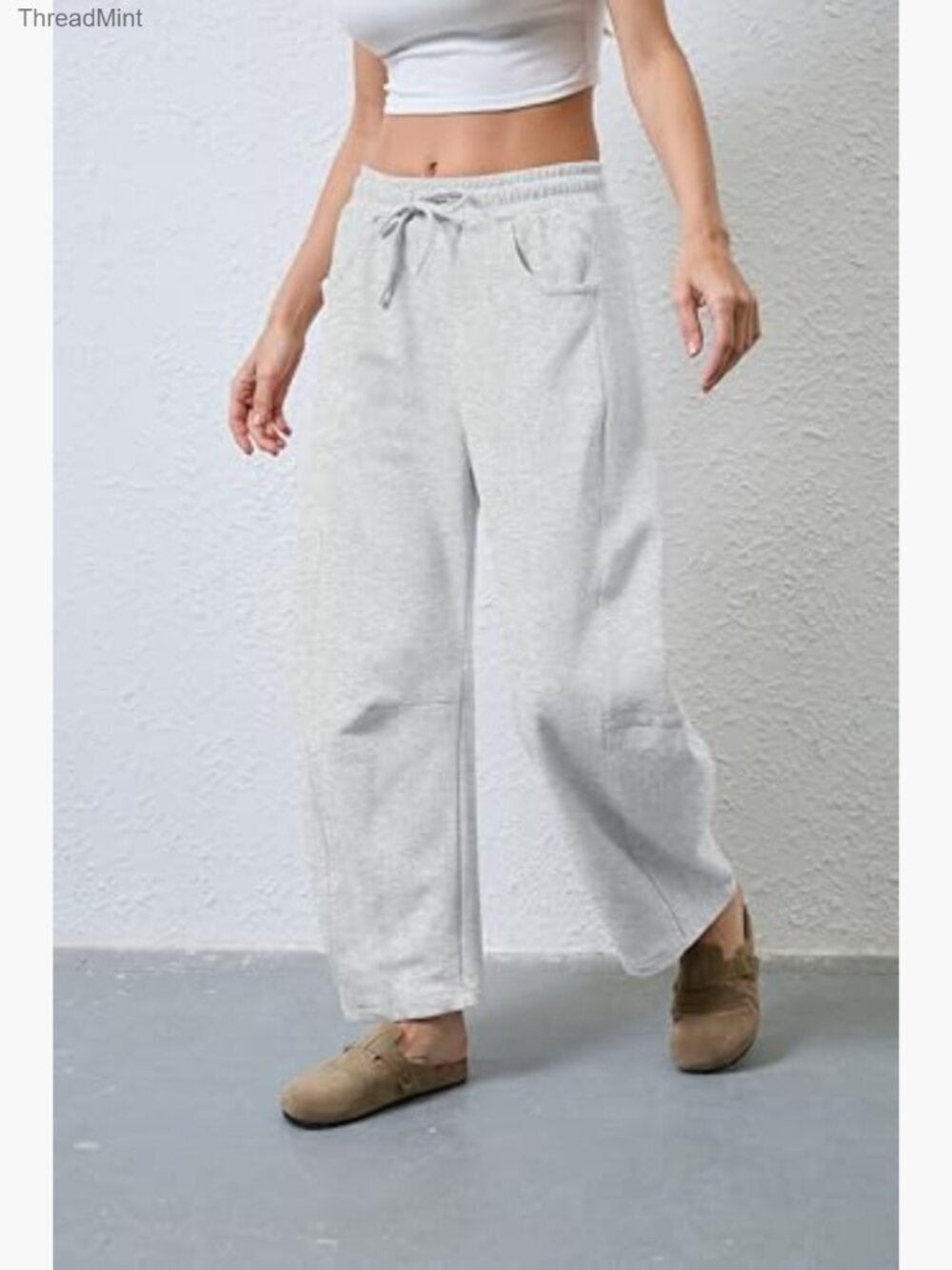 Women's Barrel Leg Sweatpants Elastic Waist Wide Leg Cotton Pockets - Picture 3 of 6